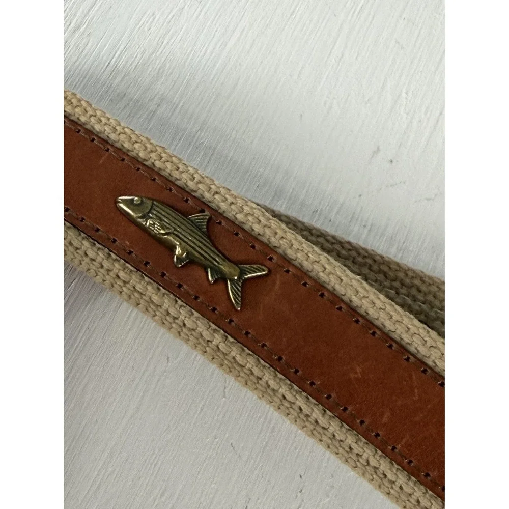 Leather Man Ltd. Leather & Canvas Belt Brown Tabs Brass FISH coastal Size 42